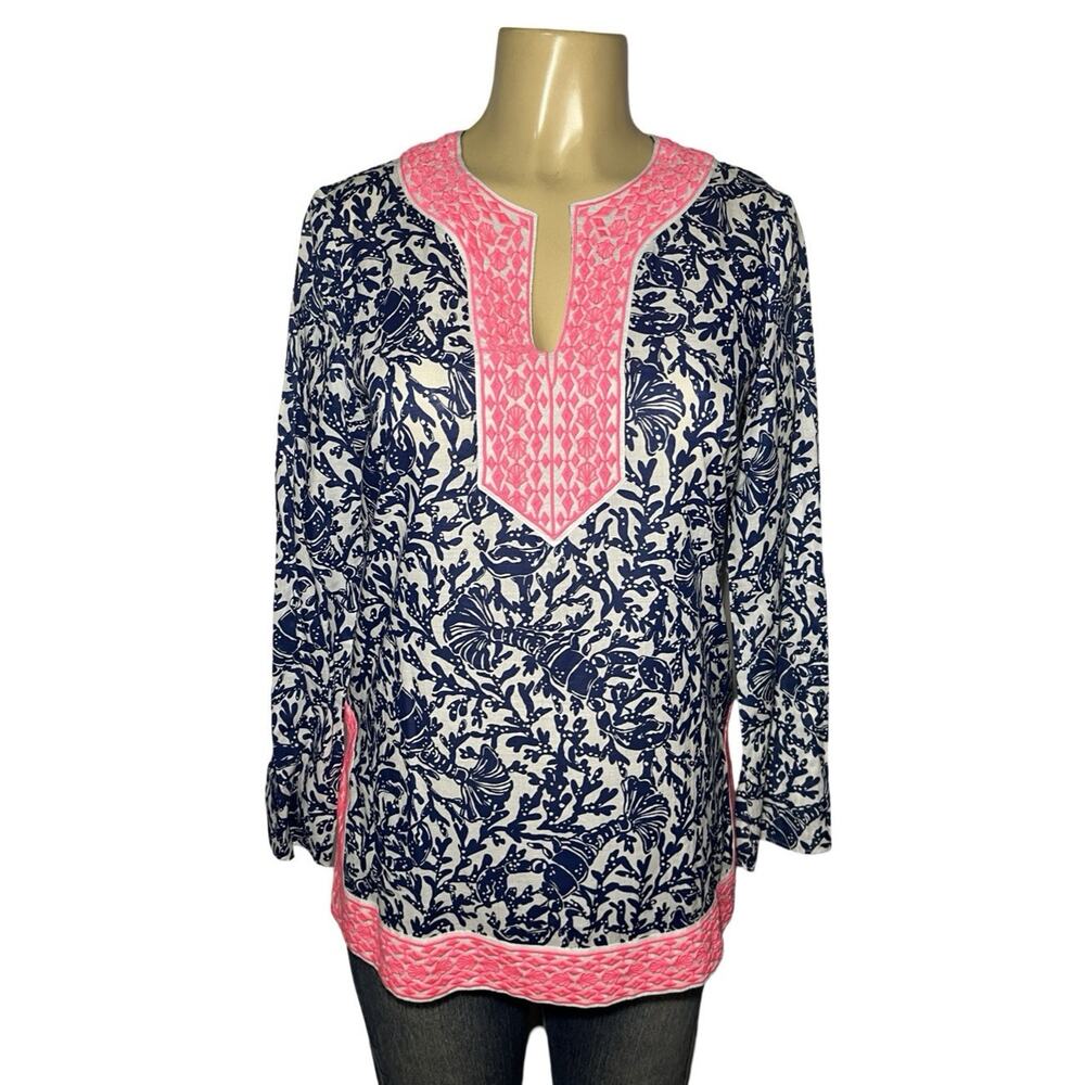 Lilly Pulitzer Womens XS Embroidered Ocean Cove Tunic Oyster‎ Bay Blue Lo…
